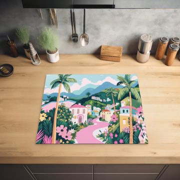 Inductie beschermer - Kleurrijk - Huizen - Heuvels - Roze