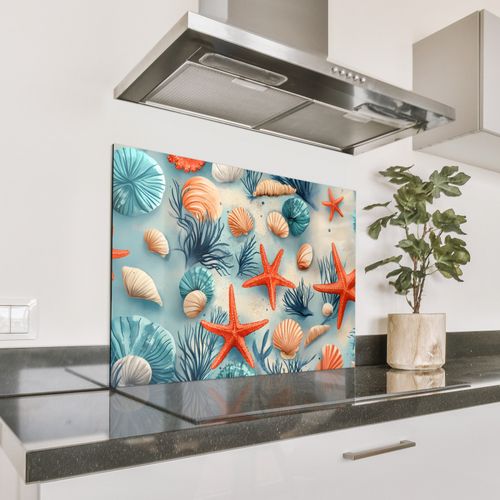Spatscherm Aluminium - Zeesterren - Schelpen - Illustratie - Zand
