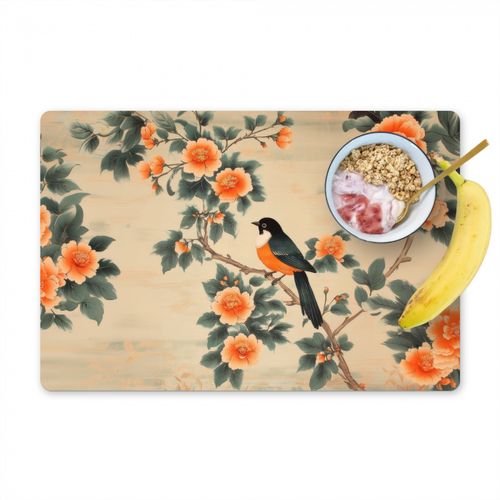 Placemat vinyl - Vogel - Tak - Bloemen - Oranje