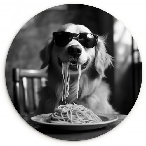 Muurcirkel - Golden Retriever - Hond - Vrolijk -  Bord spaghetti - Zwart - wit