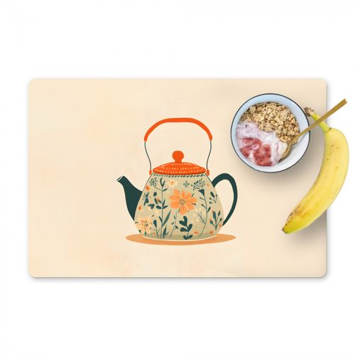 Placemat vinyl - Oranje - Theepot - Bloemen - Bladeren