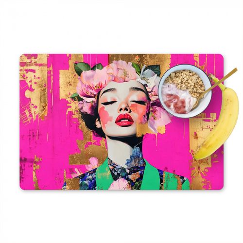 Placemat vinyl - Bloemenkroon - Goud - Vrouw - Portret