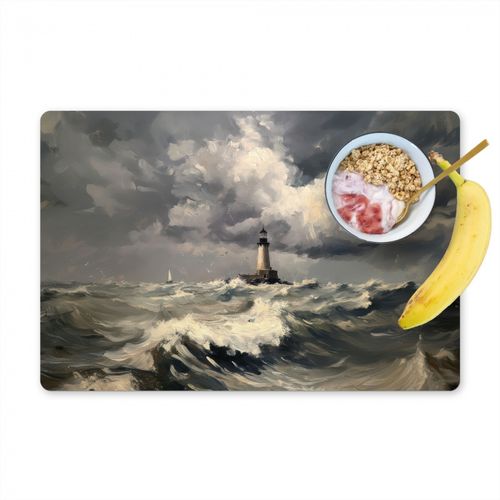 Placemat vinyl - Vuurtoren - Golven - Storm