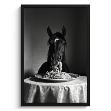 Poster met lijst - Paard - Bord - Pasta - Tafelkleed - Zwart Wit - Dieren