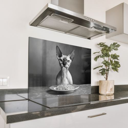 Spatscherm Aluminium - Sphynx - Kat - Dieren - Humor - Spaghetti - Zwart Wit