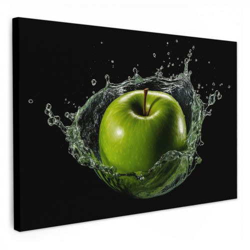 Canvas schilderij - Appel - Groen - Fruit - Water - Zwart