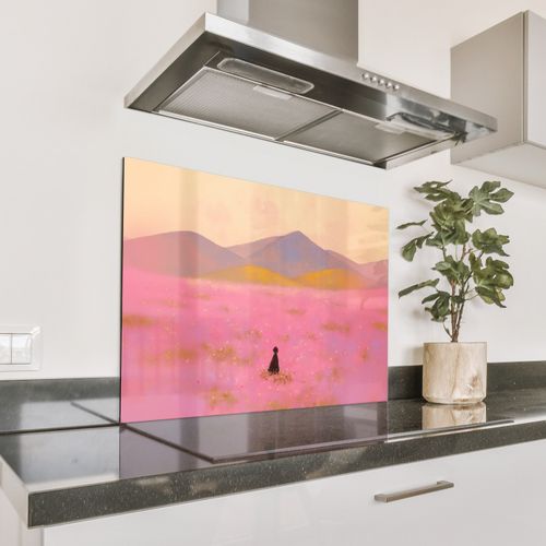 Spatscherm Aluminium - Bloemenweide - Heuvels - Silhouet - Roze