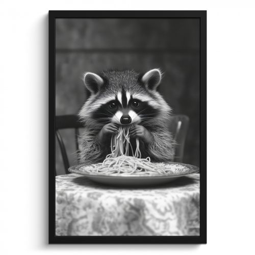 Poster met lijst - Wasbeer - Cute - Pasta - Tafelkleed - Zwart - Wit