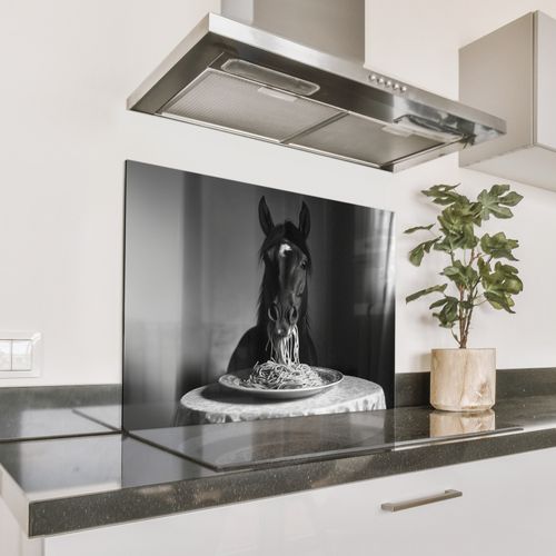 Spatscherm Aluminium - Paard - Bord - Pasta - Tafelkleed - Zwart Wit - Dieren