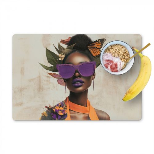 Placemat vinyl - Vrouw - Zonnebril - Vlinder - Bloemen