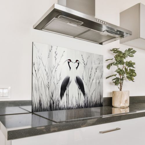 Spatscherm Aluminium - Kraanvogels - Gras - Hartvorm - Zwart
