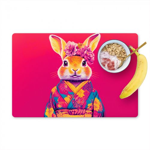 Placemat vinyl - Konijn - Bloemen - Kleurrijk - Kimono