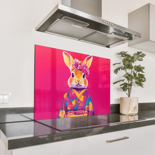 Spatscherm Aluminium - Konijn - Bloemen - Kleurrijk - Kimono