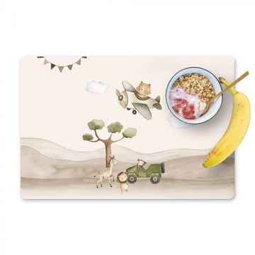 Placemat vinyl - Wilde dieren - Safari - Pastel kleuren - Watercolor - Vliegtuig