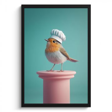 Poster met lijst - Roodborstje - Vogel - Koksmuts - Sokkel
