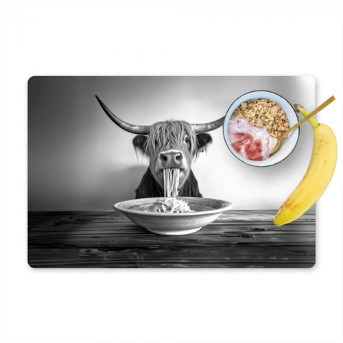 Placemat vinyl - Schotse Hooglander - Spaghetti - Dieren - Zwart wit