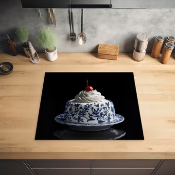 Inductie beschermer - Taart - Slagroom - Kers - Bord - Delfts blauw
