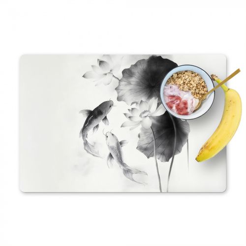 Placemat vinyl - Lotusbloemen - Vissen - Bladeren - Zwart