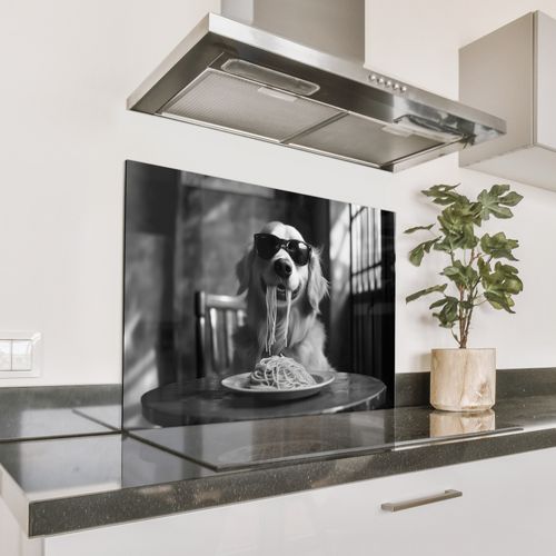 Spatscherm Aluminium - Golden Retriever - Hond - Vrolijk -  Bord spaghetti - Zwart - wit