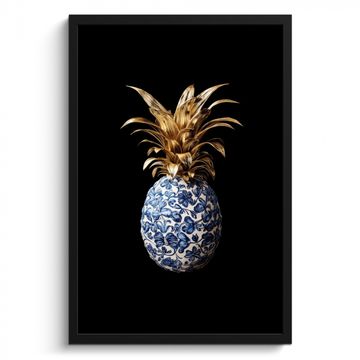 Poster met lijst - Ananas - Bloemen patroon - Goud - Delftsblauw