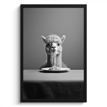 Poster met lijst - Alpaca - Pasta - Zwart - Wit - Grappig - Dieren