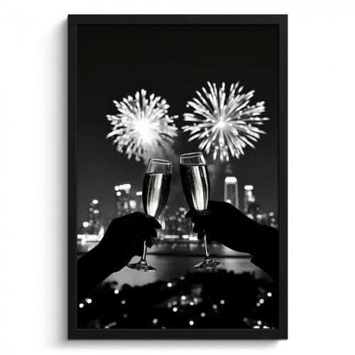 Poster met lijst - Vuurwerk - Proosten - Skyline - Champagne