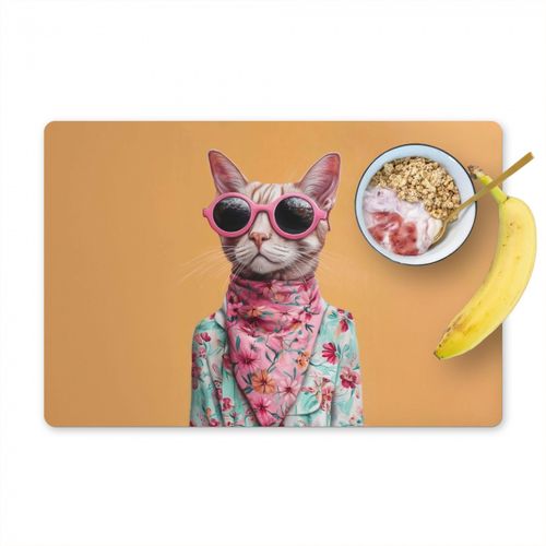 Placemat vinyl - Zonnebril - Kat - Sjaal - Bloemen