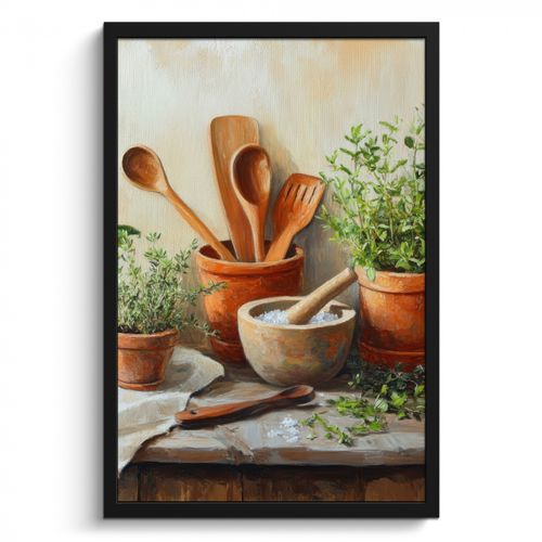 Poster met lijst - Potten - Kruiden - Hout