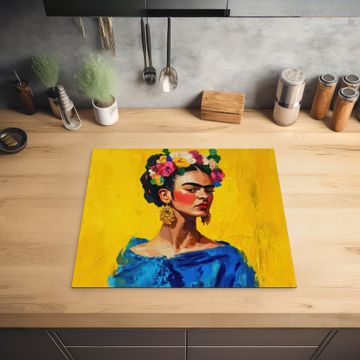 Inductie beschermer - Frida Kahlo - Vrouw - Geel - Blauw - Bloemen