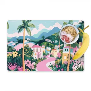 Placemat vinyl - Kleurrijk - Huizen - Heuvels - Roze