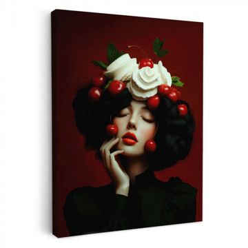 Canvas schilderij - Vrouw - Kersen - Slagroom