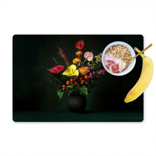Placemat vinyl - Bloemen - Vaas - Zwart