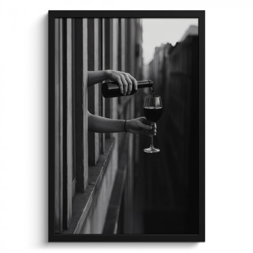 Poster met lijst - Wijnfles - Glas - Handen - Raam