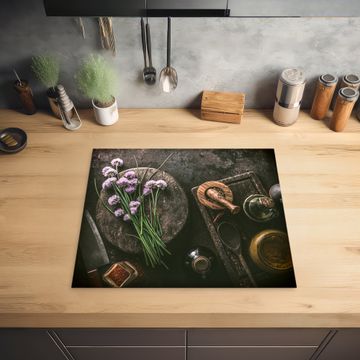 Inductie beschermer - Bieslook Bloesem en Antieke Keukenwaren