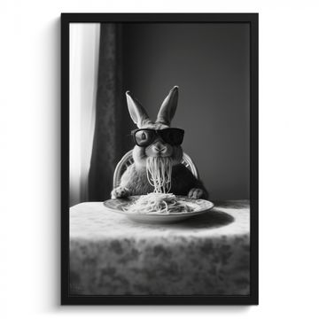 Poster met lijst - Konijn - Bunny - Zonnebril - Tafelkleed - Pasta - Schattig