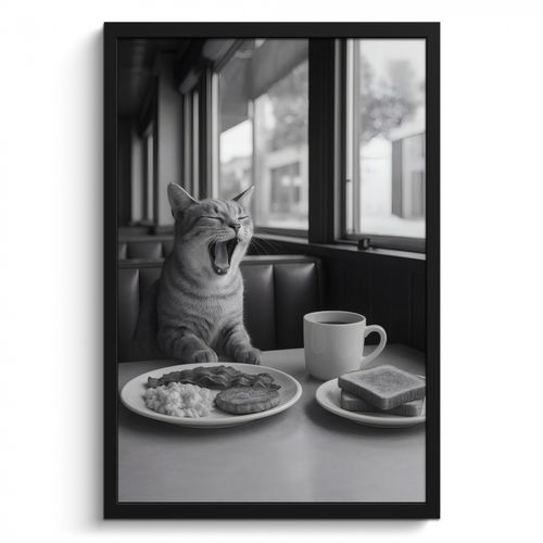 Poster met lijst - Kat - Koffie - Brood - Zwart