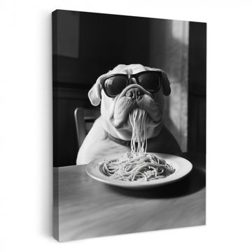 Canvas schilderij - Hond - Bulldog - Pasta - Bril - Stoer - Dieren