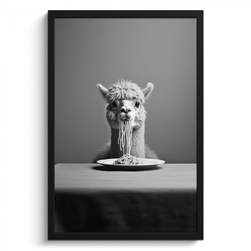 Poster met lijst - Alpaca - Pasta - Zwart - Wit - Grappig - Dieren
