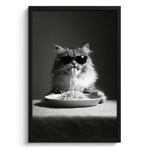 Poster met lijst - Langharige kat - Zonnebril - Spaghetti - Humor - Zwart - wit