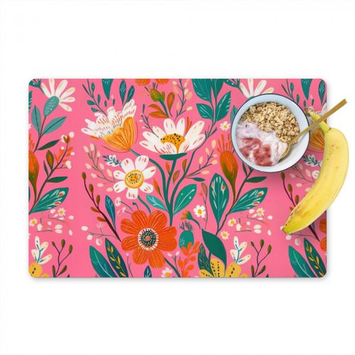Placemat vinyl - Roze - Bloemen - Wit - Oranje