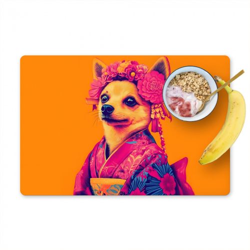 Placemat vinyl - Kimono - Hondje - Bloemenkroon - Oranje
