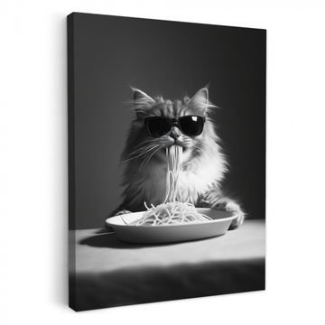 Canvas schilderij - Langharige kat - Zonnebril - Spaghetti - Humor - Zwart - wit