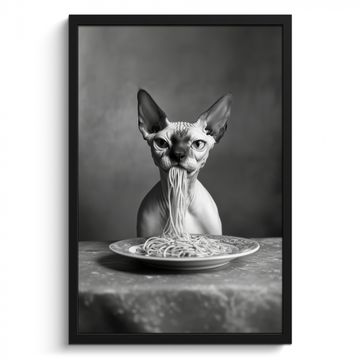 Poster met lijst - Sphynx - Kat - Dieren - Humor - Spaghetti - Zwart Wit