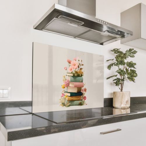 Spatscherm Aluminium - Boeken - Stapel - Bloemen - Kleurrijk