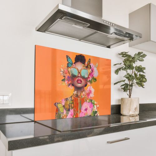 Spatscherm Aluminium - Vlinders - Vrouw - Zonnebril - Kleurrijk