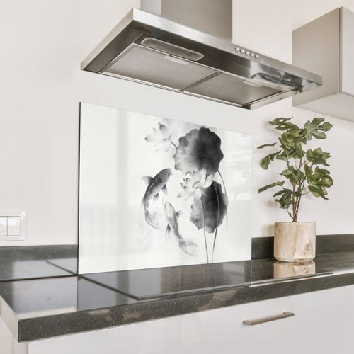 Spatscherm Aluminium - Lotusbloemen - Vissen - Bladeren - Zwart