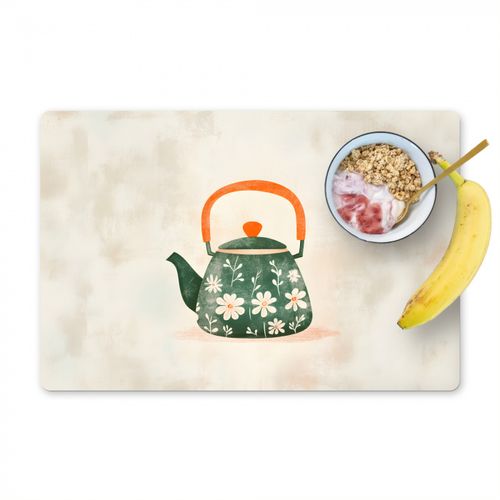 Placemat vinyl - Theepot - Groen - Bloemen - Oranje