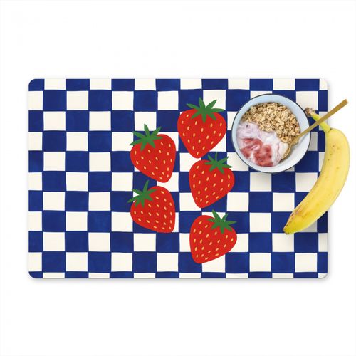 Placemat vinyl - Geblokt - Blauw - Aardbeien