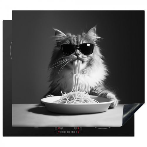 Inductie beschermer - Langharige kat - Zonnebril - Spaghetti - Humor - Zwart - wit