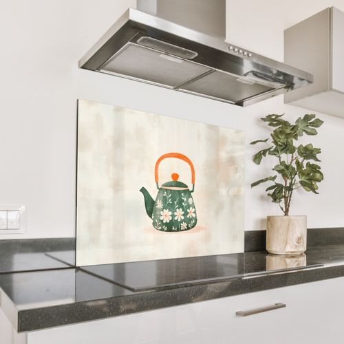 Spatscherm Aluminium - Theepot - Groen - Bloemen - Oranje